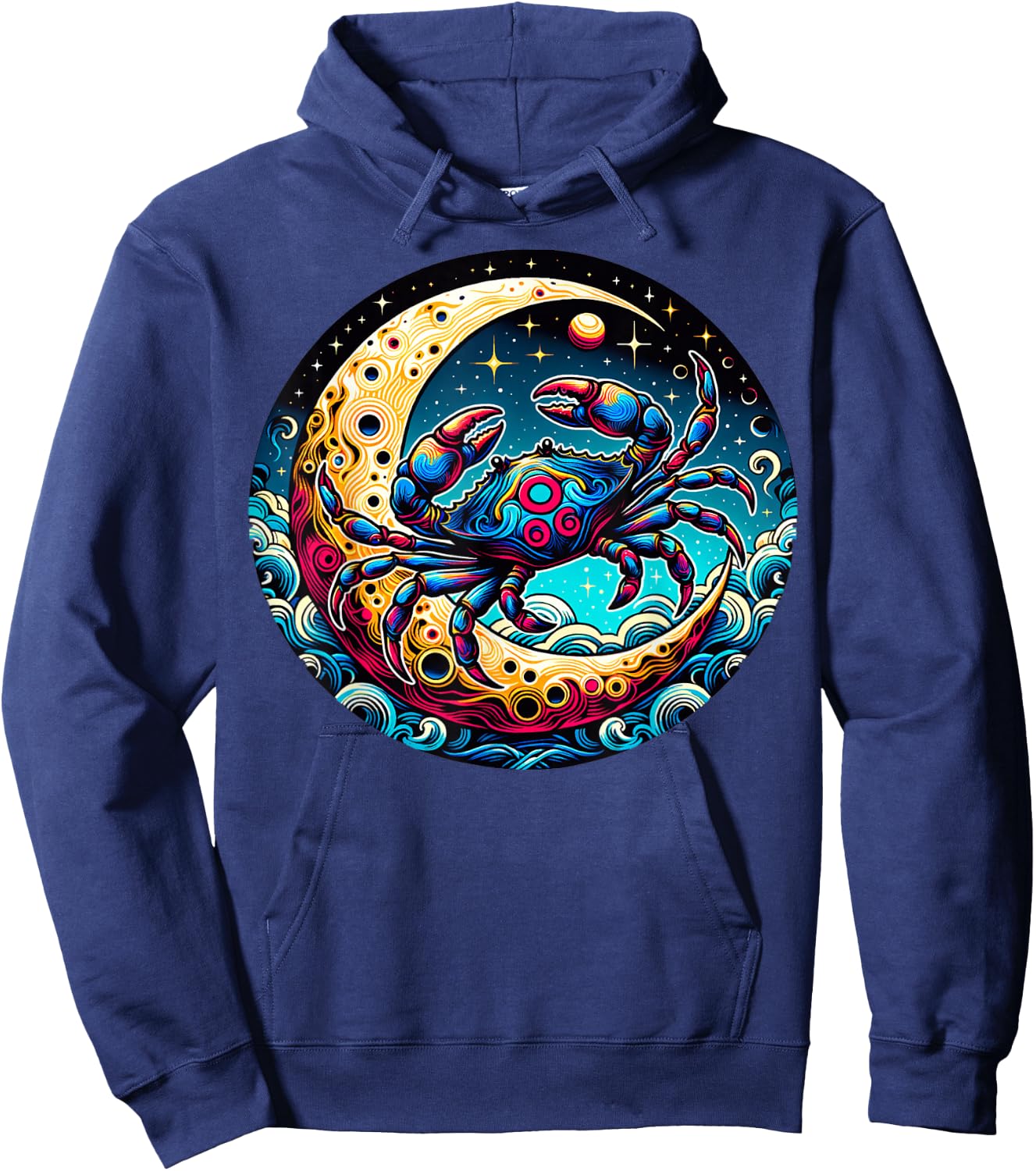 Colorful Abstract Crab On Crescent Moon With Waves And Stars Hoodie - Hoodie | Navy