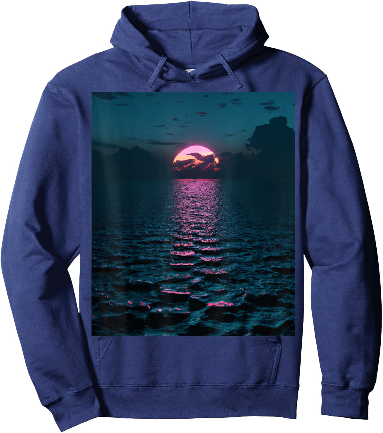 Vaporwave Aesthetic Sunset Above Dark Sea Hoodie - Hoodie | Navy