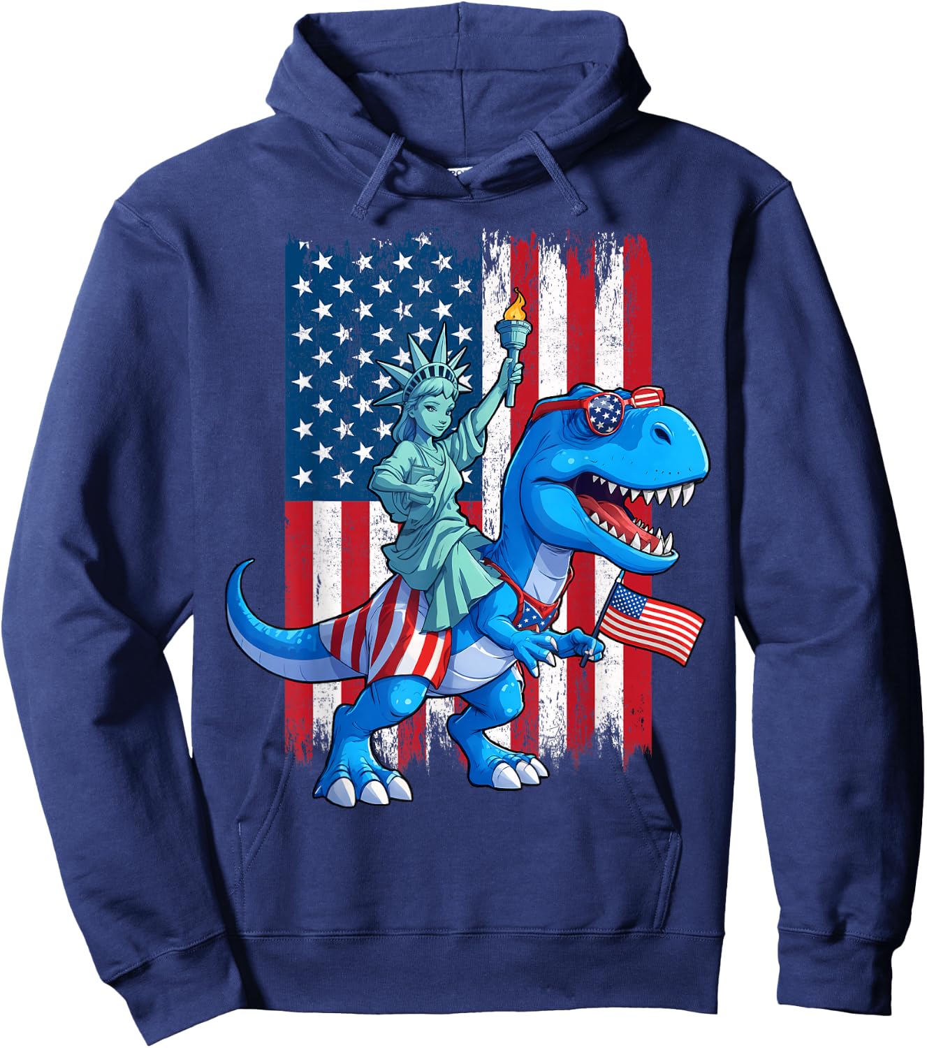 Dino Statue Of Liberty 4th Of July TRex American Flag Boys Hoodie - Hoodie | Navy