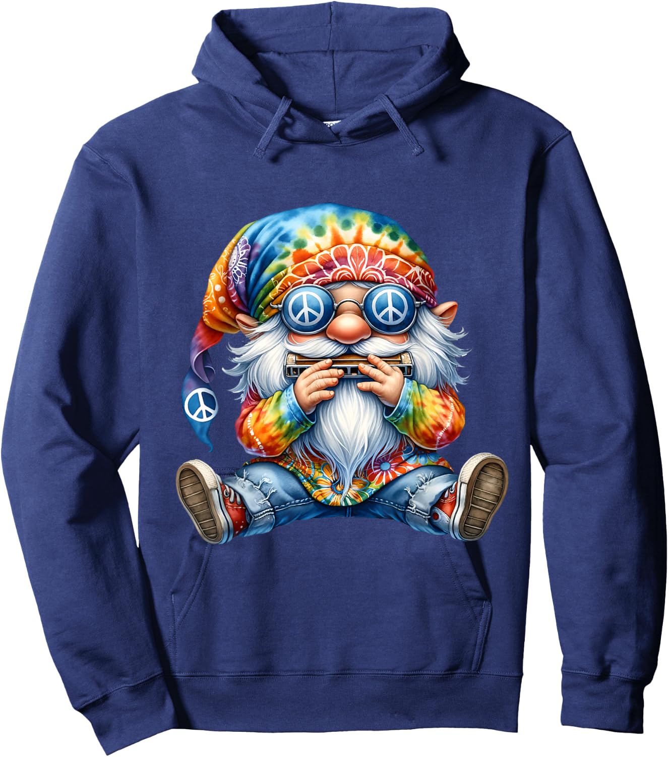 Groovy Hippie Gnome With Harmonica For Adults Funny Dad Life Hoodie - Hoodie | Navy
