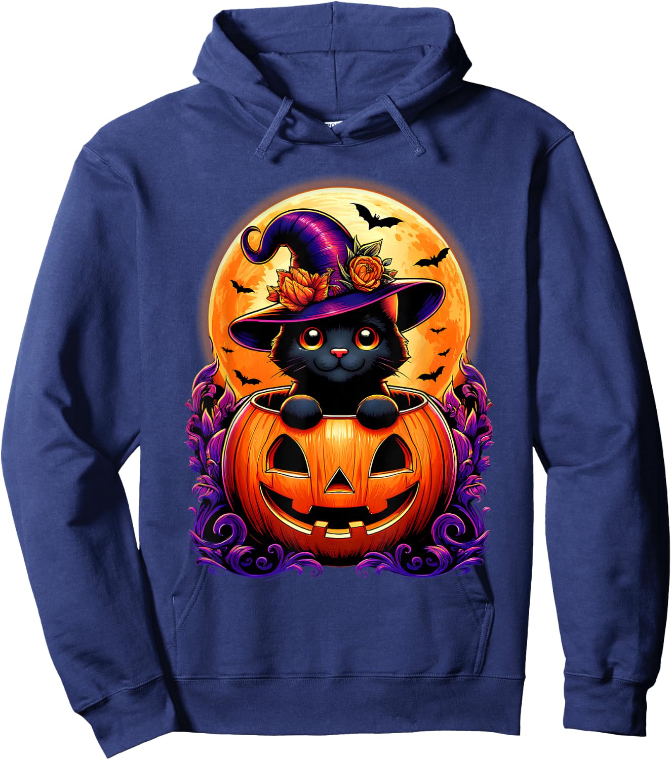 Black Cat Witch Hat Pumpkin Funny Halloween Men Women Kids Hoodie - Hoodie | Navy