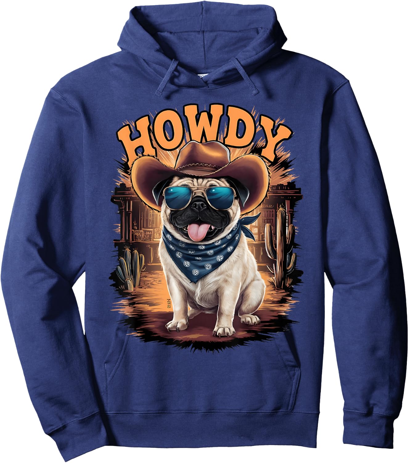 Pug Funny Cowboy Cowgirl Western Country Animal Hoodie - Hoodie | Navy