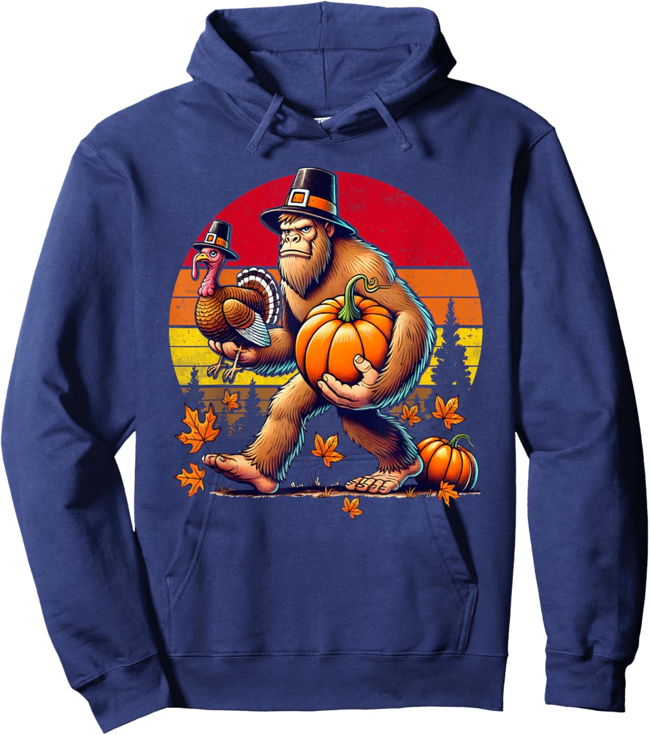 Bigfoot Pilgrim Turkey Pumpkin Sasquatch Retro Thanksgiving Hoodie - Hoodie | Navy