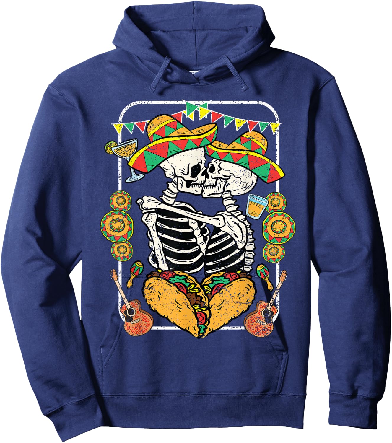 Skeleton Kissing Cinco De Mayo Mexican Sombrero Taco Heart Hoodie - Hoodie | Navy