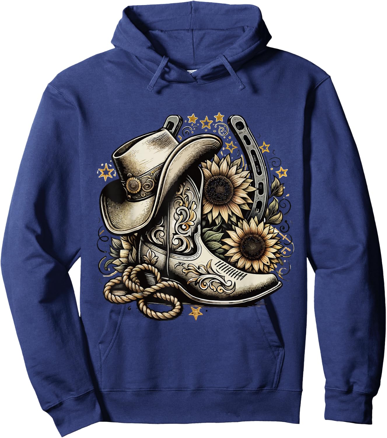 Western Cowboy Boot Horseshoe Sunflower Rope Cowgirl country , Small, Black Hoodie - Hoodie | Navy
