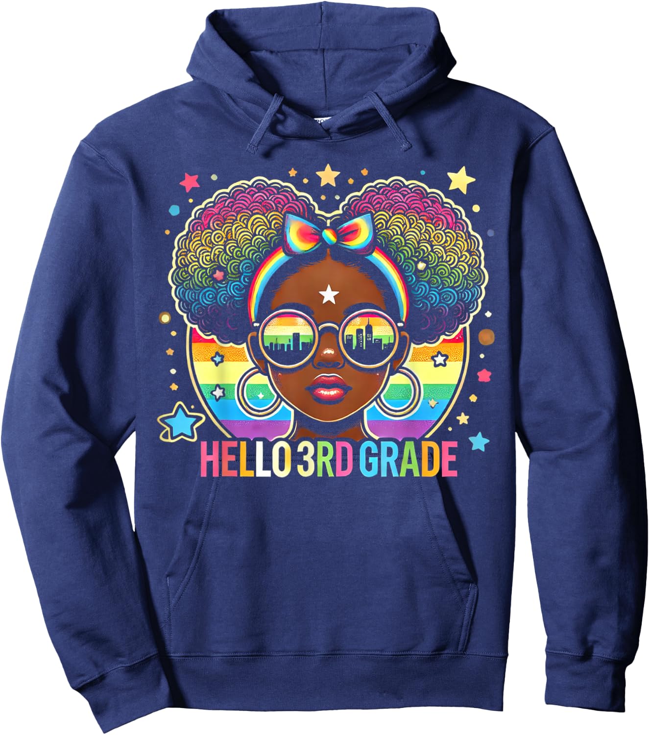 Hello 3rd Grade Black Messy Bun Girls Kids Back To School Hoodie - Hoodie | Navy