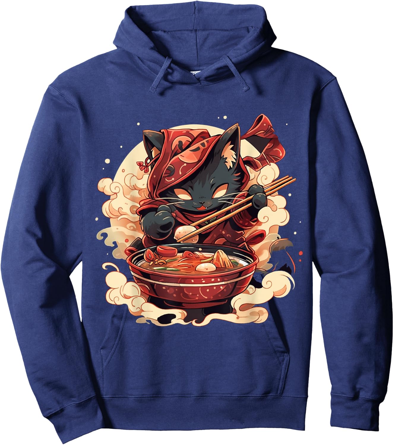 Japanese Art Ramen Cat Ninja Ukiyo-e Anime Style Samurai Cat Hoodie - Hoodie | Navy