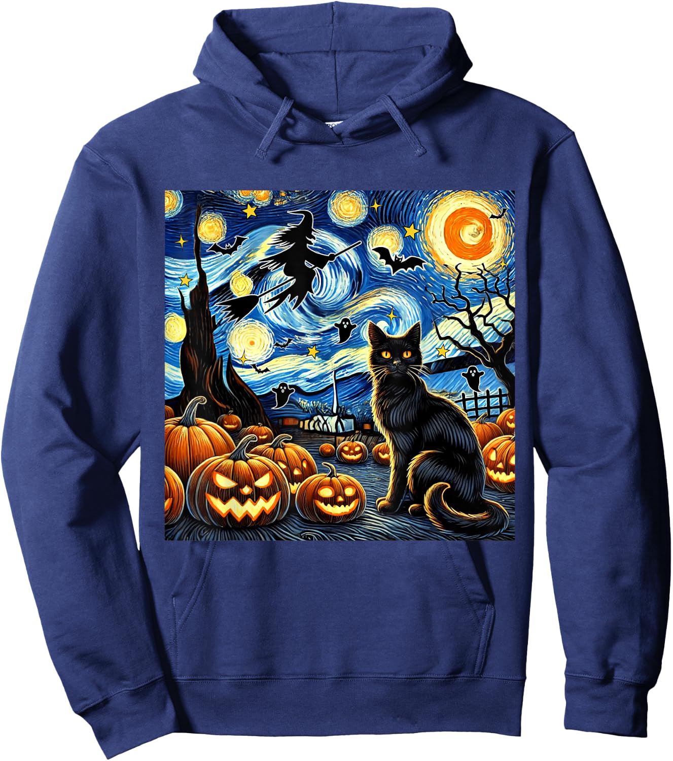 Halloween Cat Van Gogh Starry Night Witch Bats Pumpkin Women Kids Hoodie - Hoodie | Navy