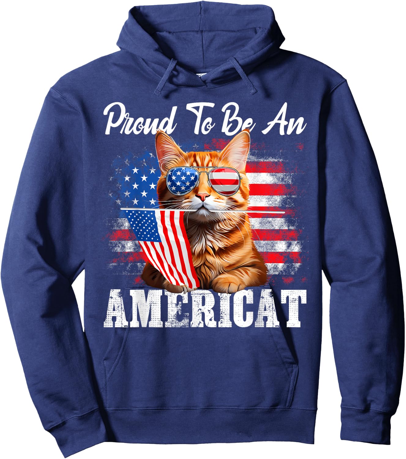 Proud To Be An Americat Orange Cat American Flag 4th Of July Hoodie - Hoodie | Navy