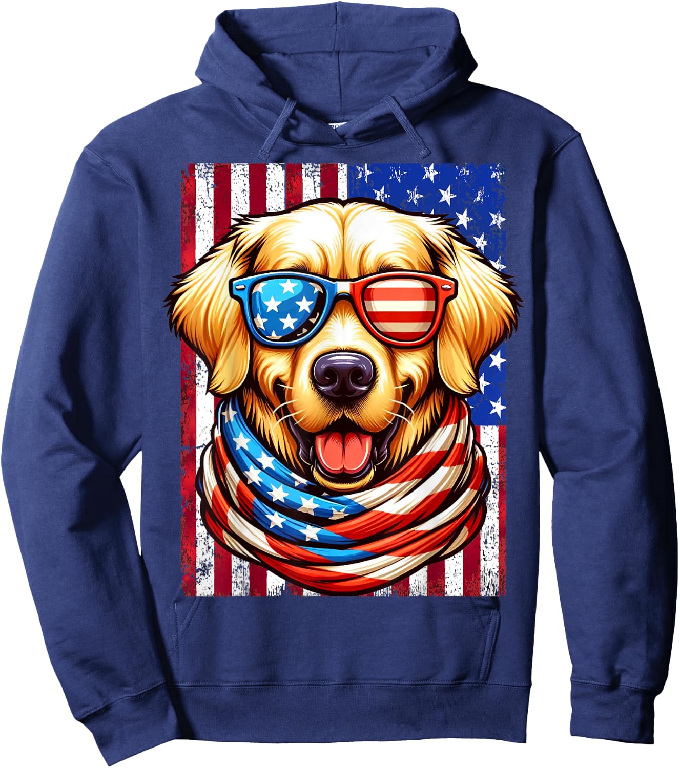 Golden Retriever Dog USA Flag American Patriotic 4th of July Hoodie - Hoodie | Navy