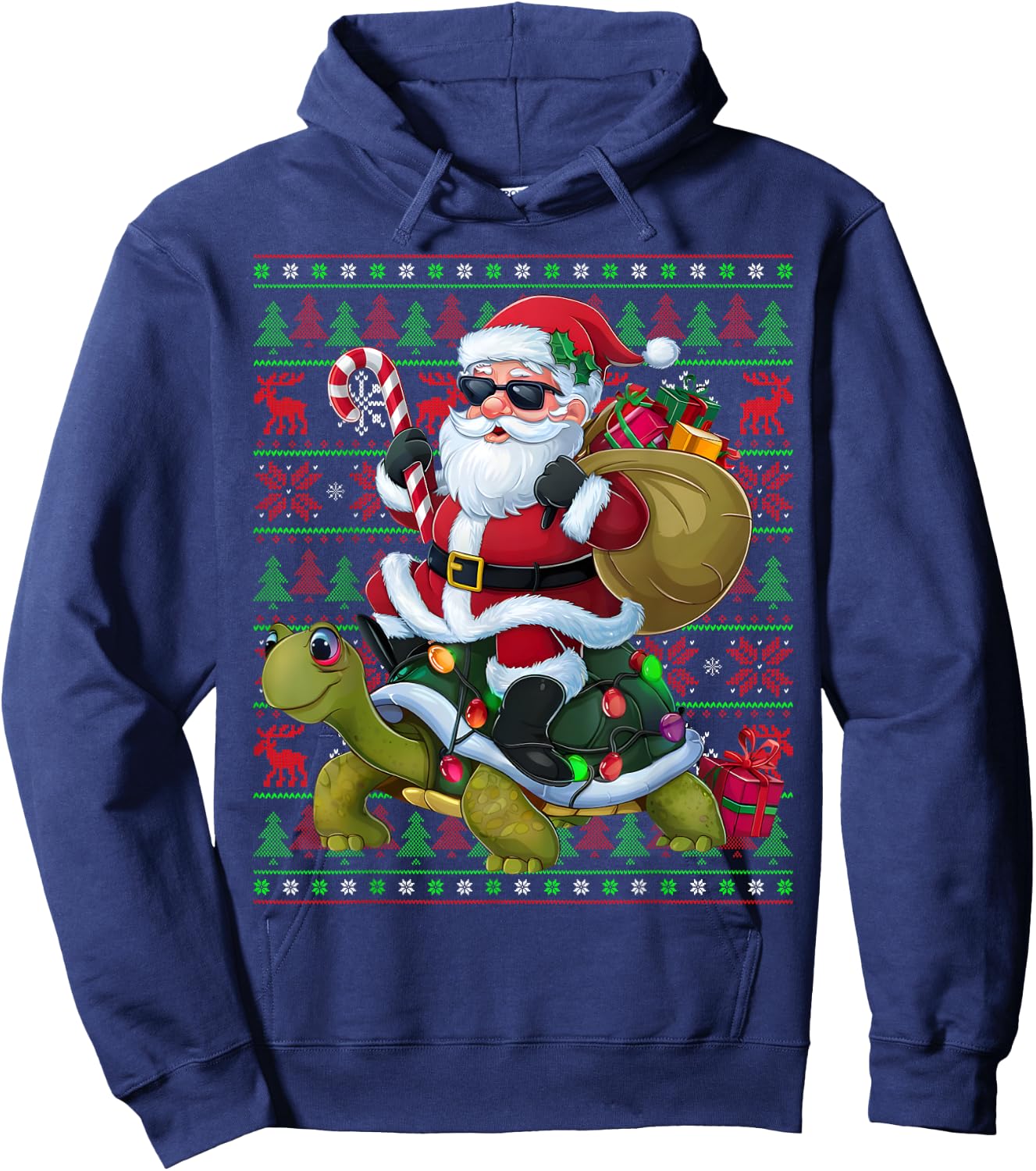 Ugly Xmas Lights Funny Santa Riding Turtle Christmas Hoodie - Hoodie | Navy