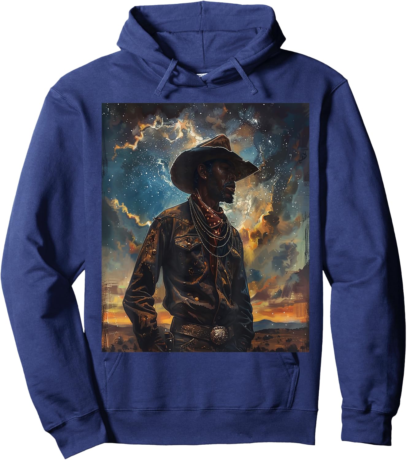 Young Black Western Retro Cowboy Wearing Hat Melanin Art Hoodie - Hoodie | Navy