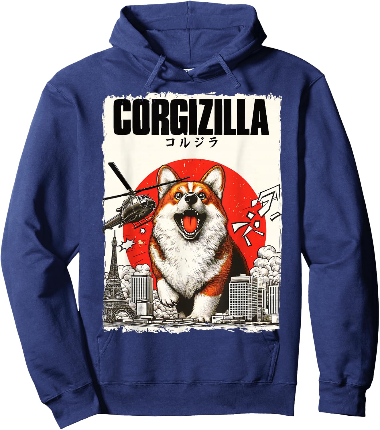Feline Fashions Cat Apparel.USA CorgiZilla Parody Japanese Art Corgi Dog Mom Dad Adult Hoodie - Hoodie | Navy