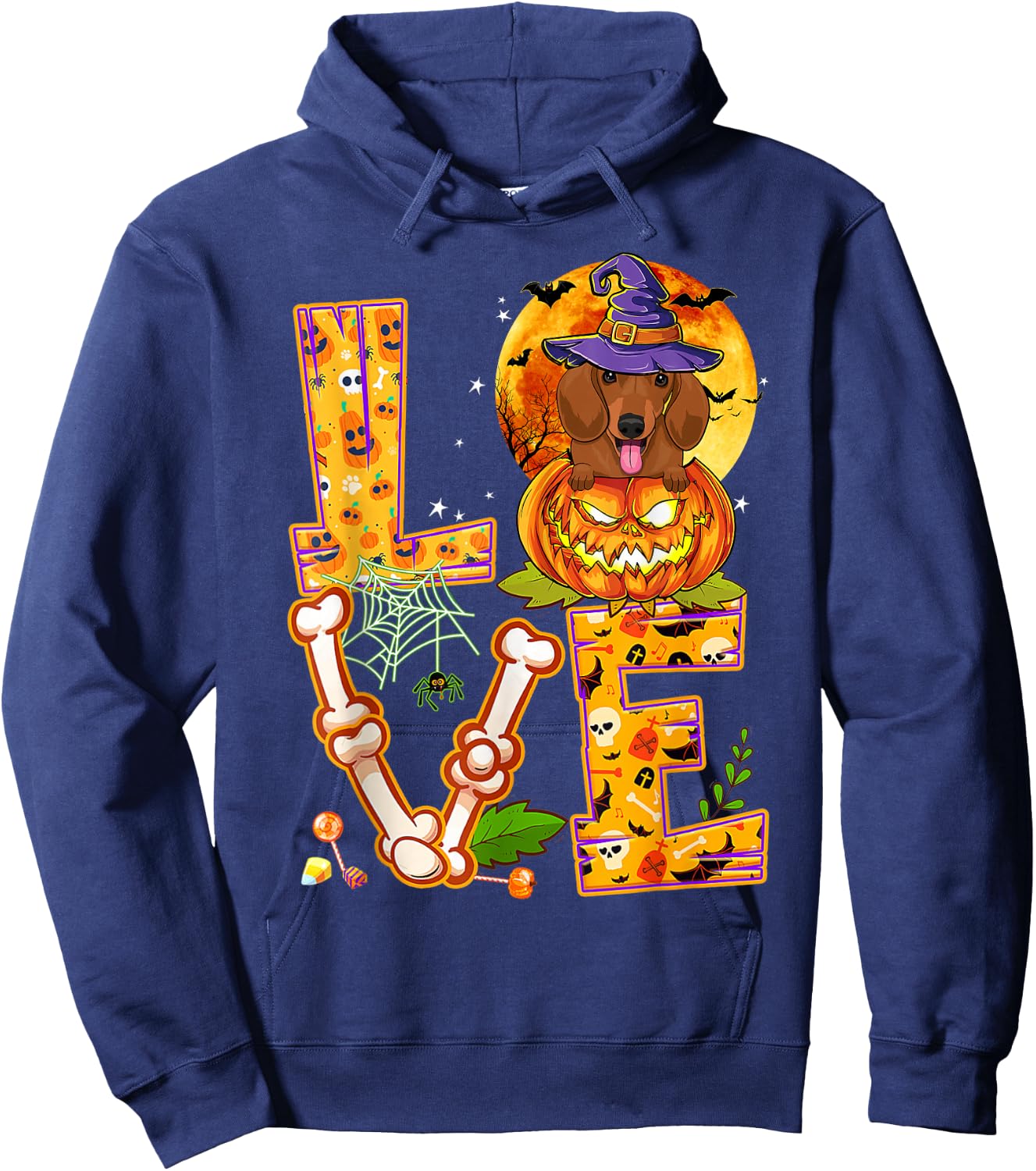 Love Dachshund Witch Pumpkin Scary Halloween Dog Lovers Hoodie - Hoodie | Navy