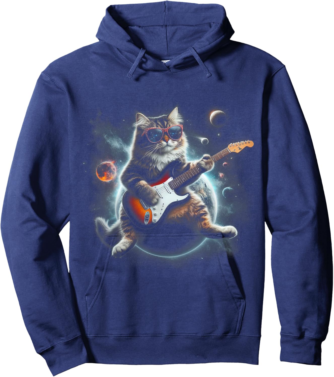 Rock Cat Playing Guitar Electric in space Funny kitty Galaxy Women Kids Hoodie - Hoodie | Navy