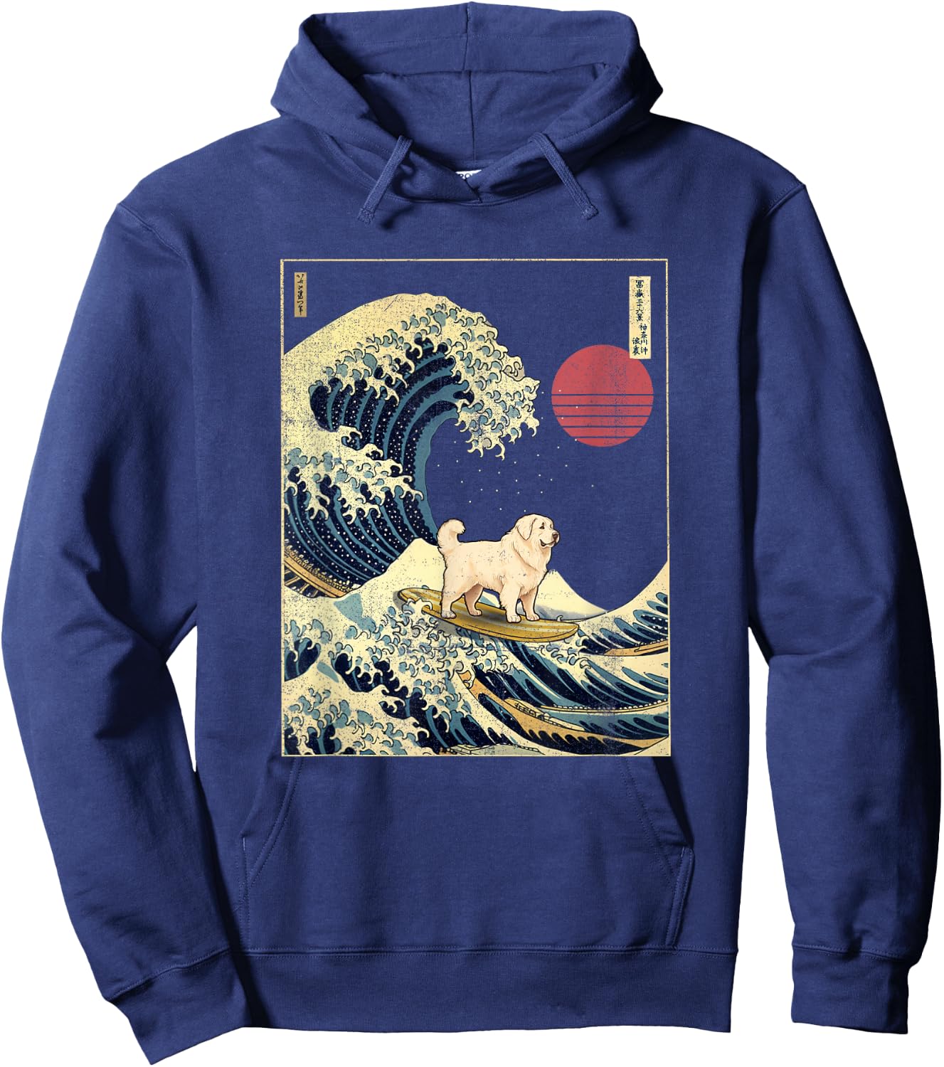 Great Pyrenees Japanese Kanagawa Wave Funny Surf Dog Hoodie - Hoodie | Navy
