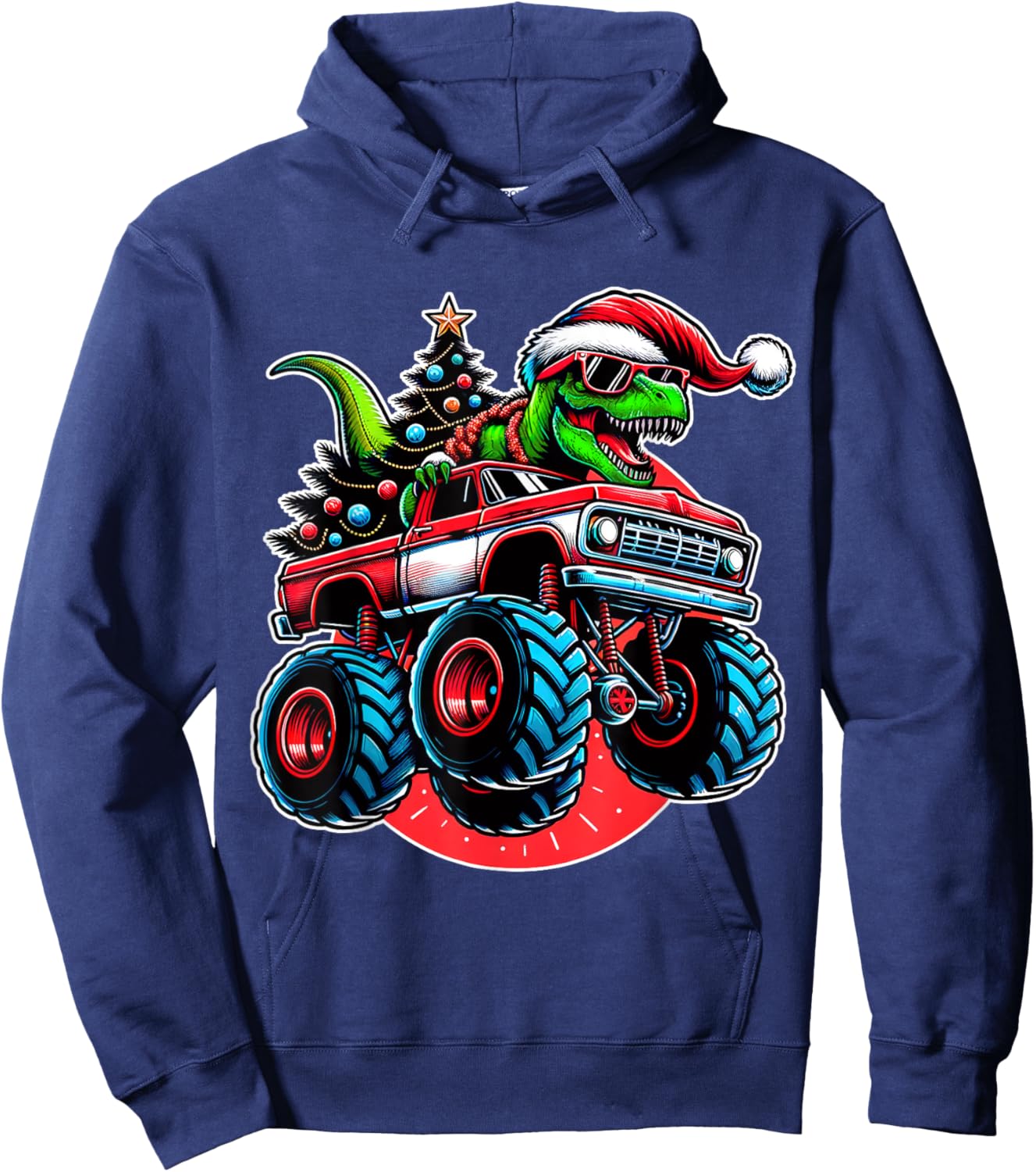 Christmas T Rex Monster Truck Boys Dinosaur Santa Xmas Funny Hoodie - Hoodie | Navy