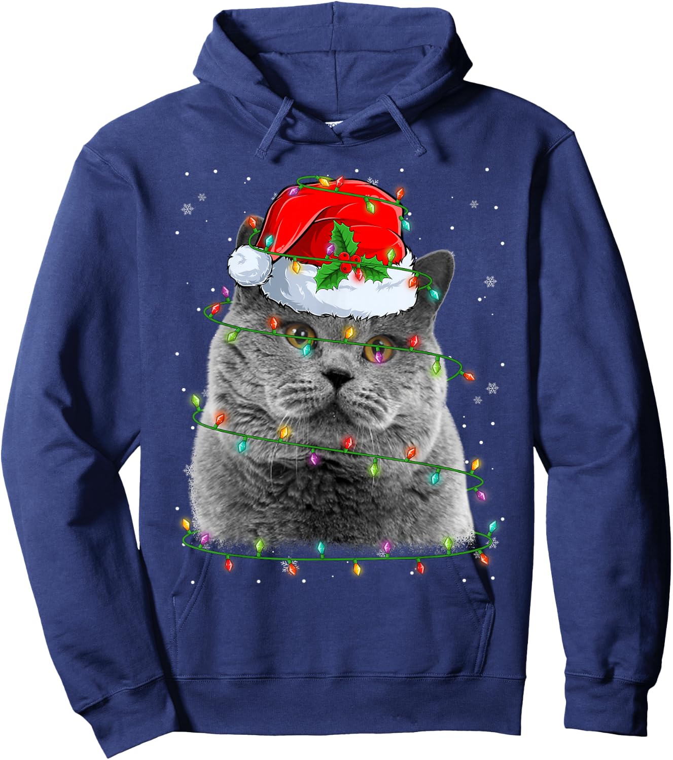 Funny British Shorthair Cat Santa Hat Christmas Tree Lights Hoodie - Hoodie | Navy