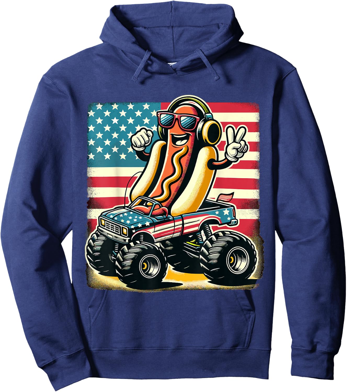 Monster Truck 4th Of July Hotdog Peace Sign American Flag Hoodie - Hoodie | Navy
