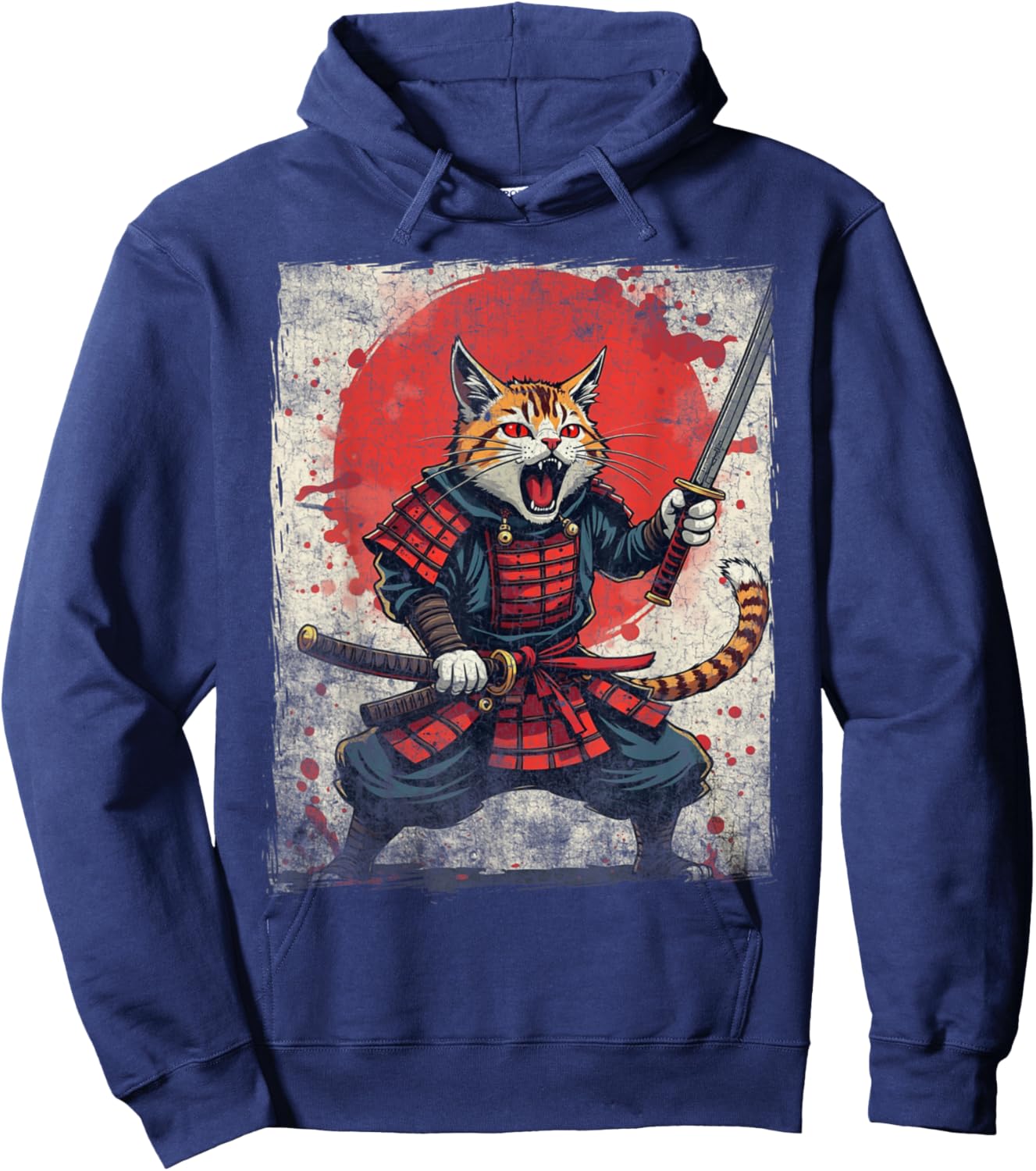 Samurai Cat Ukiyo-e Warrior Art Vintage Ninja Cat Graphic Hoodie - Hoodie | Navy
