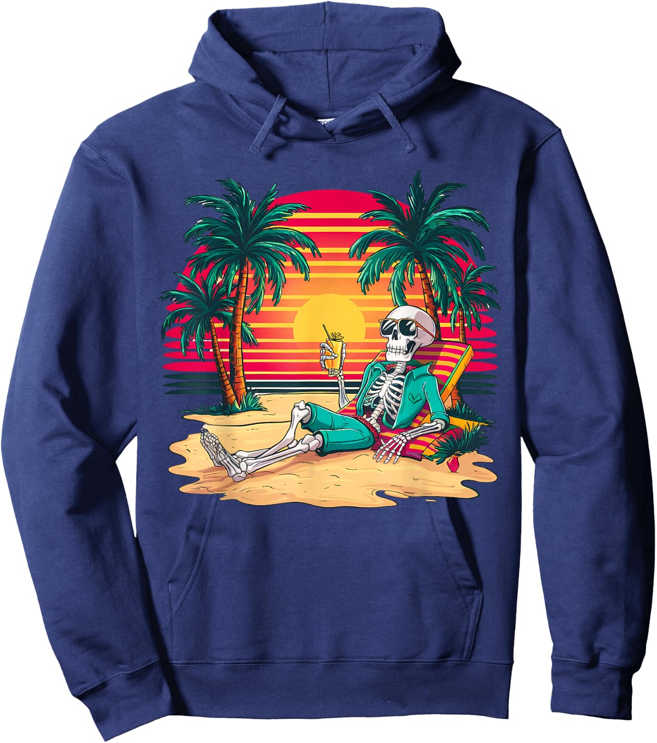 Funny Skeleton On Tropical Island Beach Retro Women Kids Hoodie - Hoodie | Navy