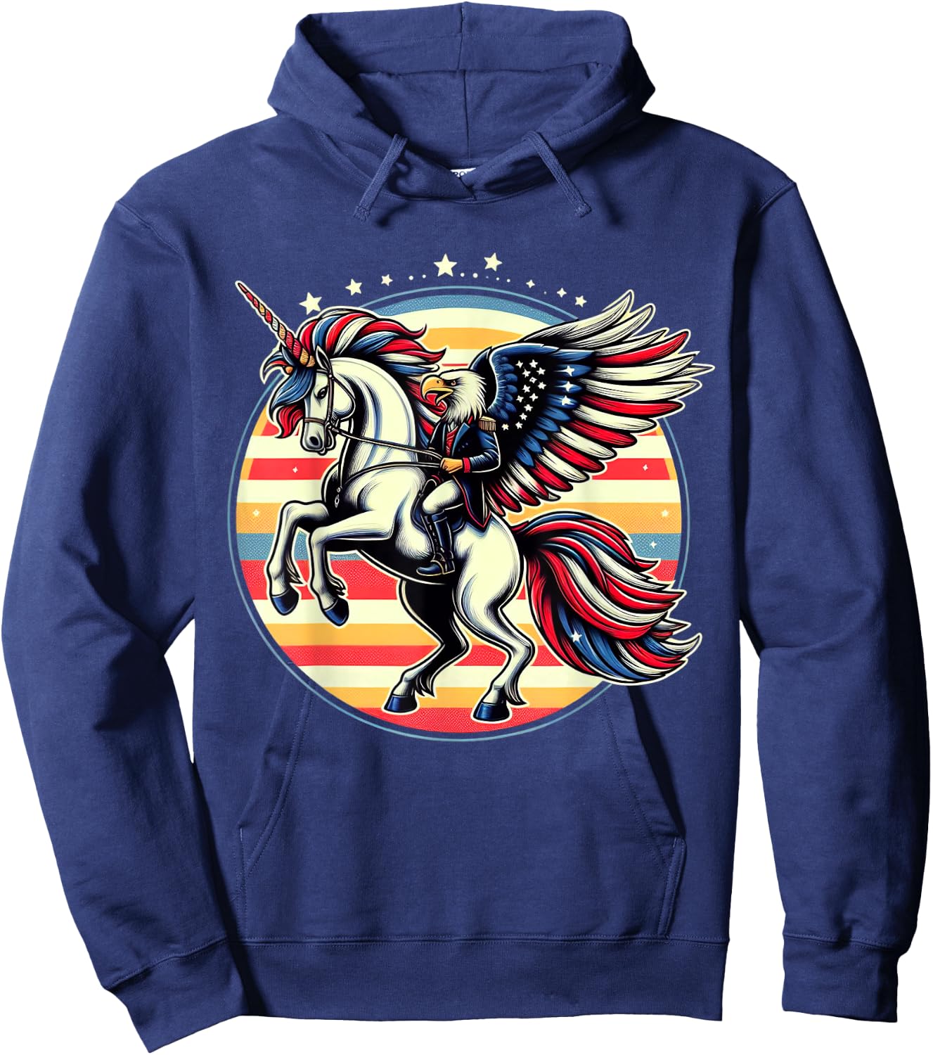 Bald Eagle Riding Unicorn 4th Of July American Flag Women Kids Men Hoodie - Hoodie | Navy