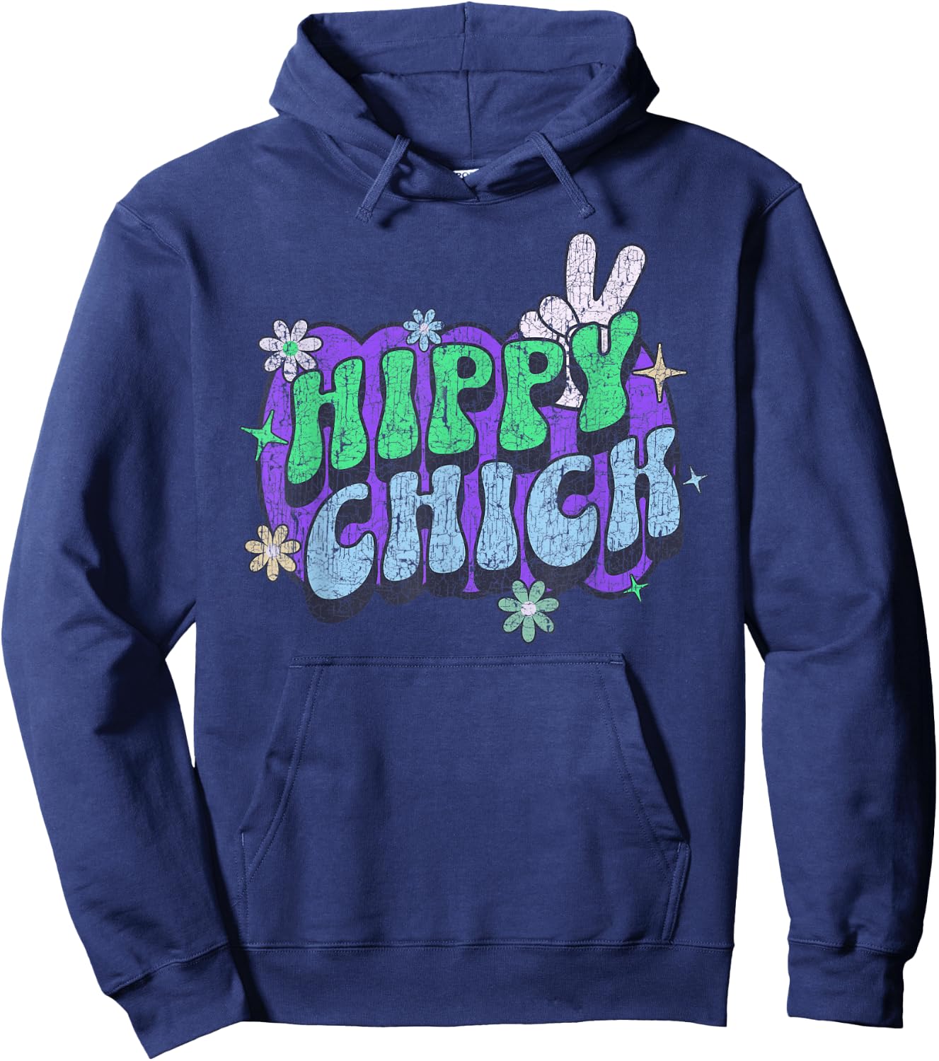 Hippy Chick, Women Girl Cute Retro Saying Hippie Floral Hoodie - Hoodie | Navy