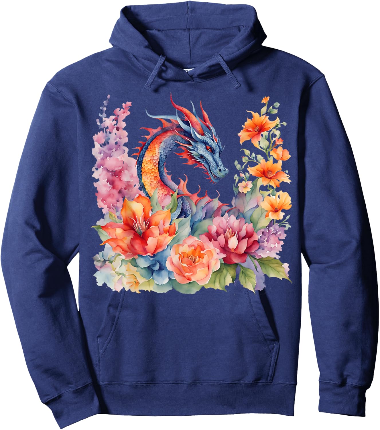 Watercolor Dragon Flowers Beautiful Art Colorful Graphic Hoodie - Hoodie | Navy