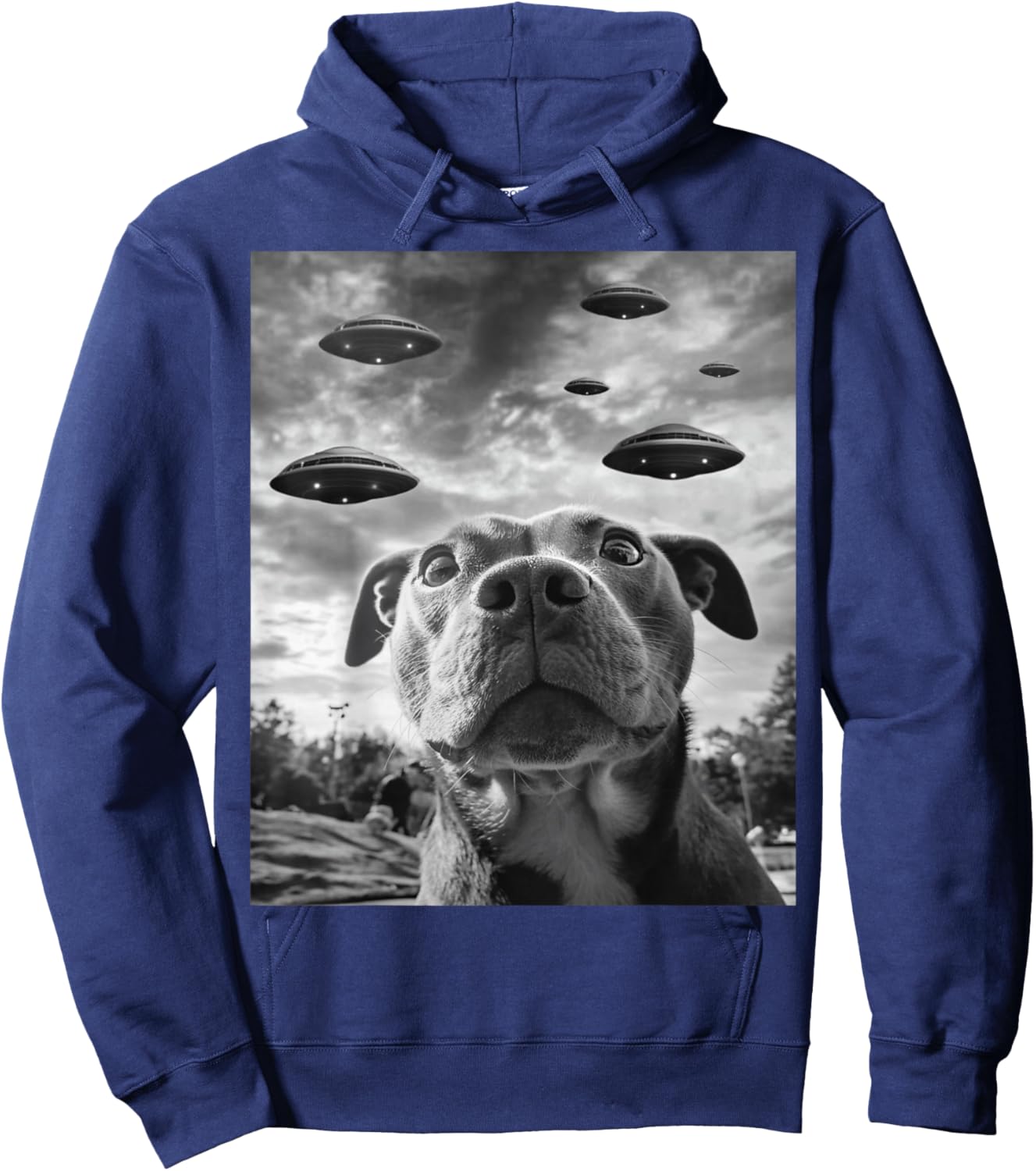 Funny Dog Pitbull Selfie with UFOs Alien Novelty Hoodie - Hoodie | Navy