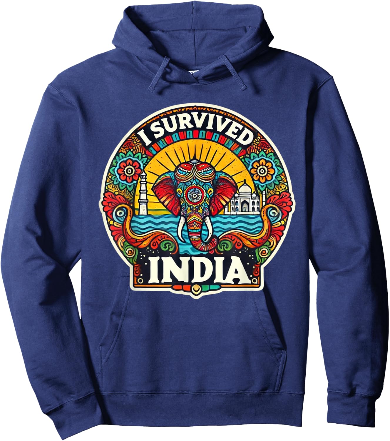 Vibrant 'I Survived India' Design with Elephant and Landmark Hoodie - Hoodie | Navy