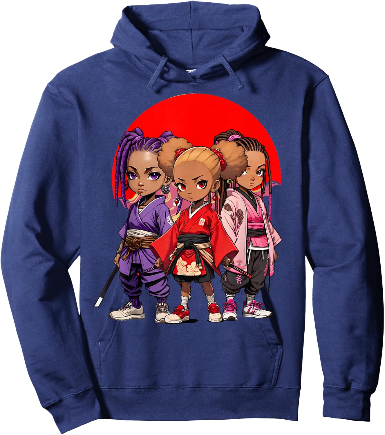Samurai Girls Anime Afro | Japanese Retro Style Natural Hair Hoodie - Hoodie | Navy