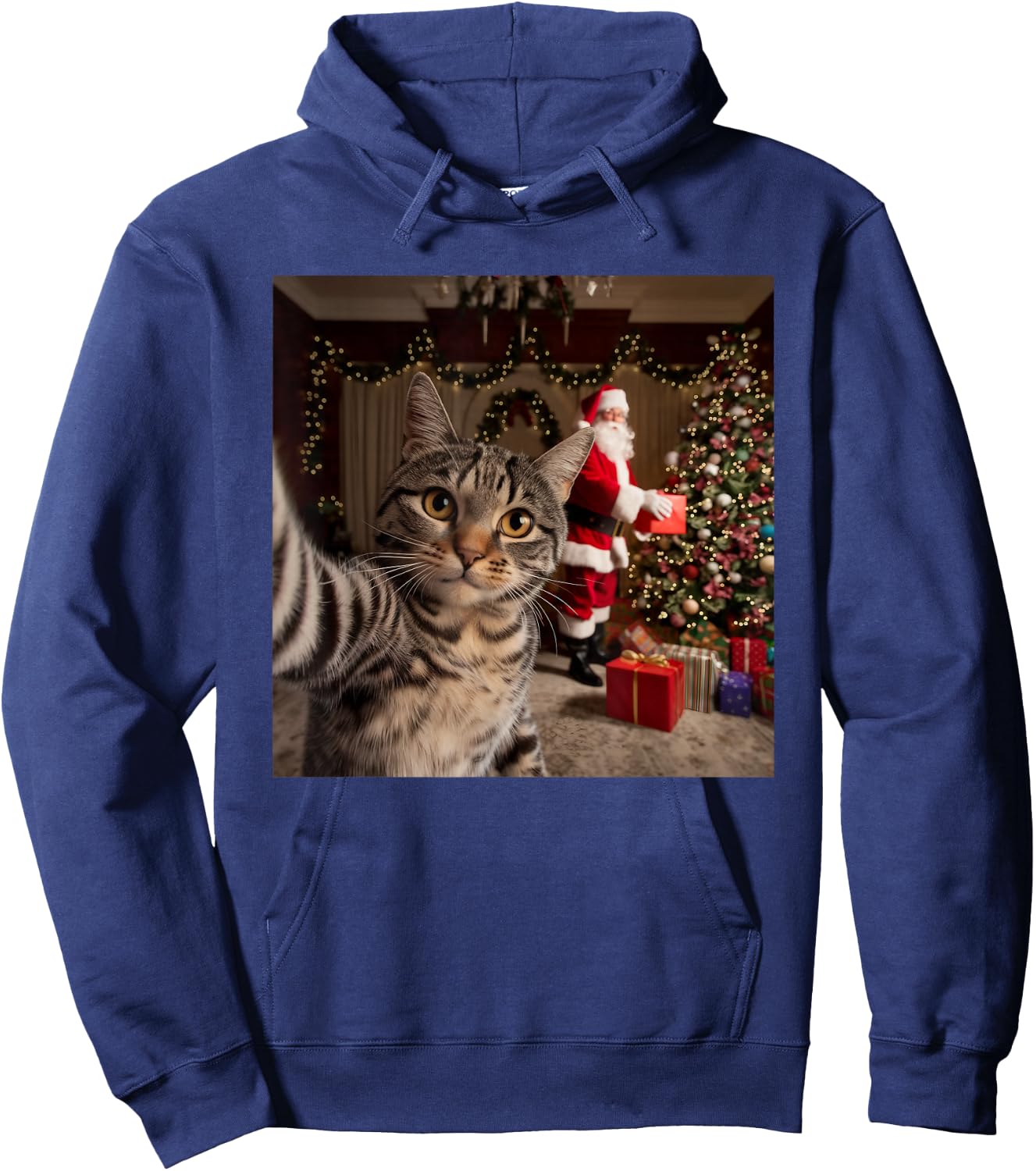 Christmas Cat Selfie with Santa Claus Cute Holiday Photo Hoodie - Hoodie | Navy