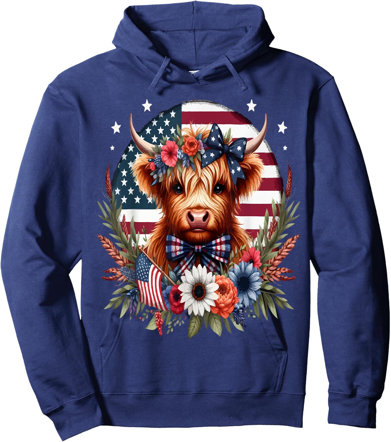 Cute Highland Cow Florals 4th of July USA Flag Patriotic Cow Men Hoodie - Hoodie | Navy