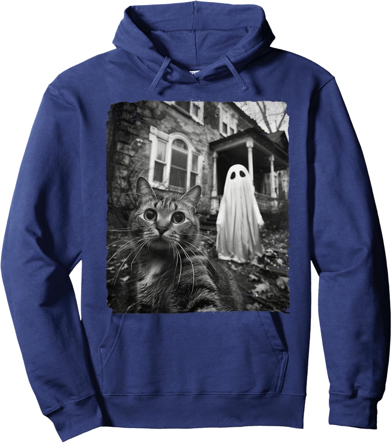 Funny Cat Selfie Ghost Halloween House Photo Haunted Spooky Women Kids Hoodie - Hoodie | Navy