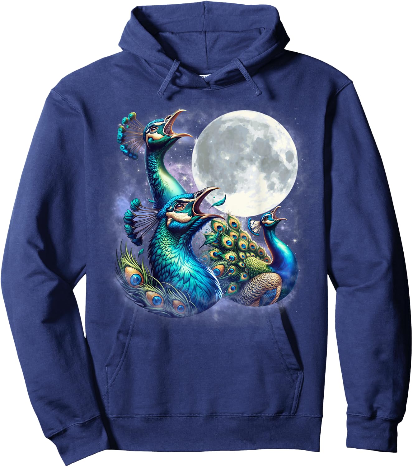 Three Peacocks Moon Funny Peacock Howling Wolfs Moon Parody Hoodie - Hoodie | Navy
