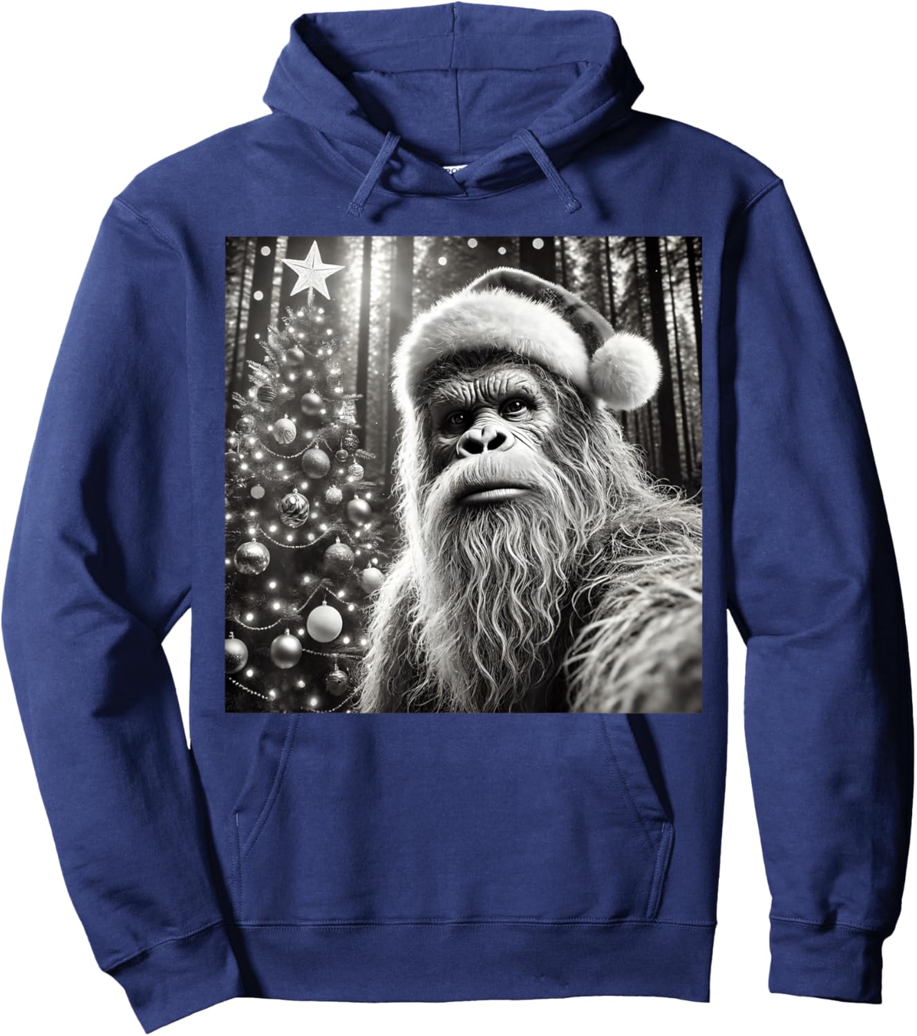 Funny Christmas Bigfoot -Adults Bigfoot Selfie with Christmas Tree Funny Sasquatch Design Black Short Sleeve Small Hoodie - Hoodie | Navy