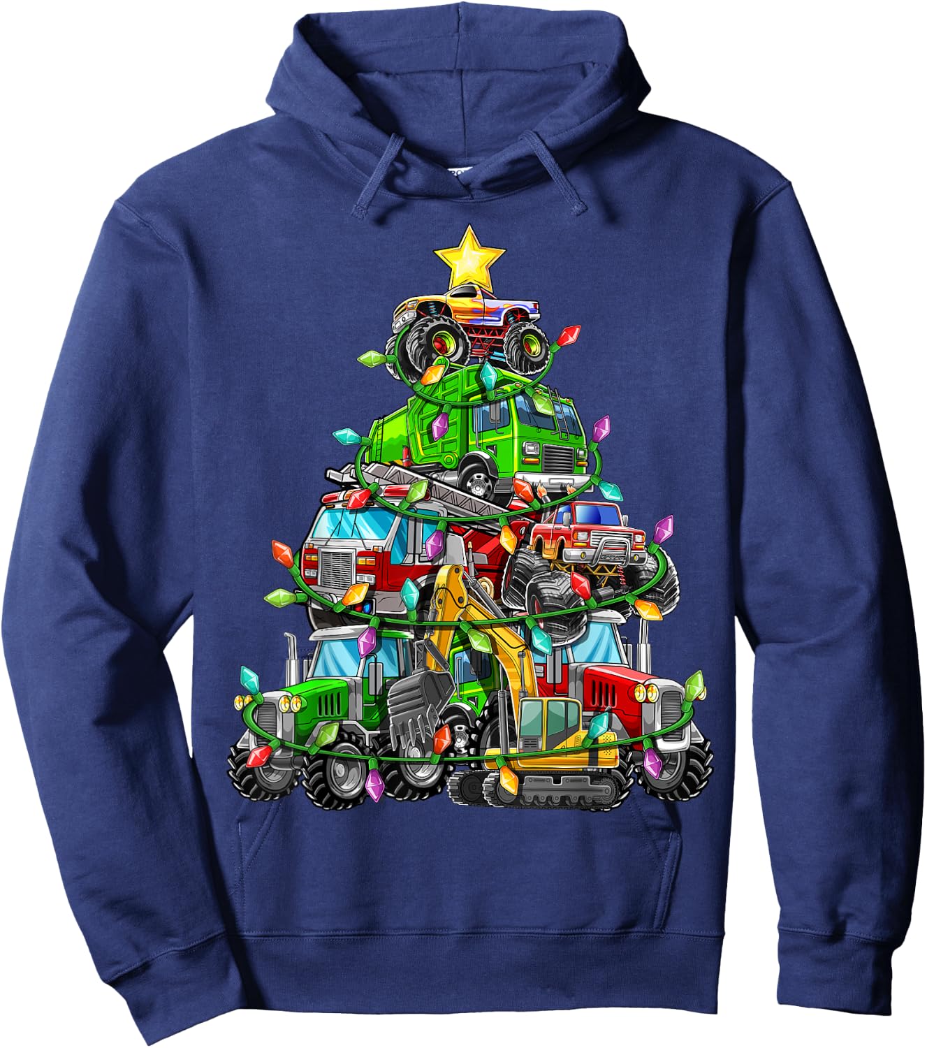 Christmas Tree Monster Truck Tractor Excavator Firetruck Boy Hoodie - Hoodie | Navy