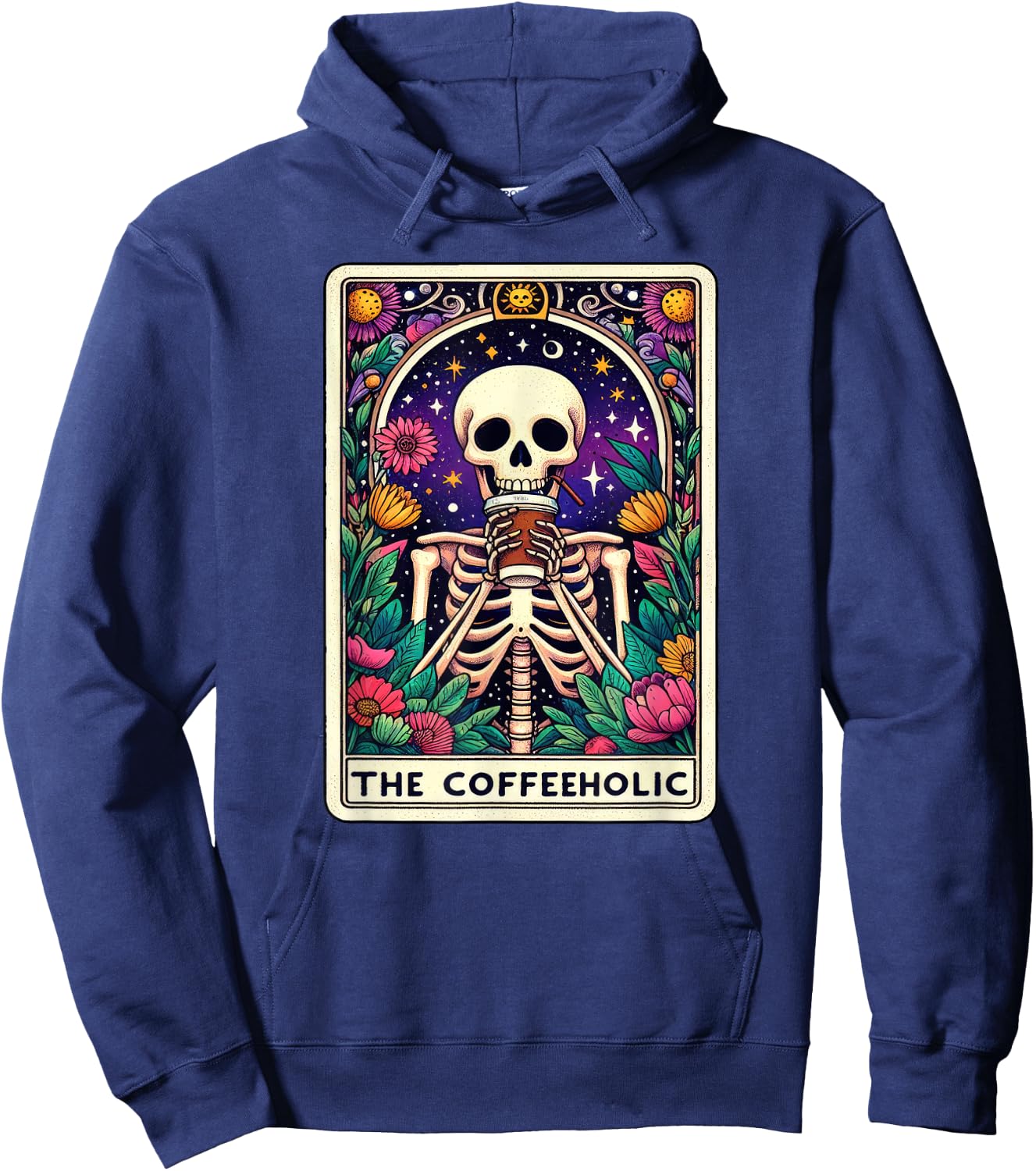 Funny Coffee Lover, Tarot Card Coffeeholic Skeleton Graphic Hoodie - Hoodie | Navy