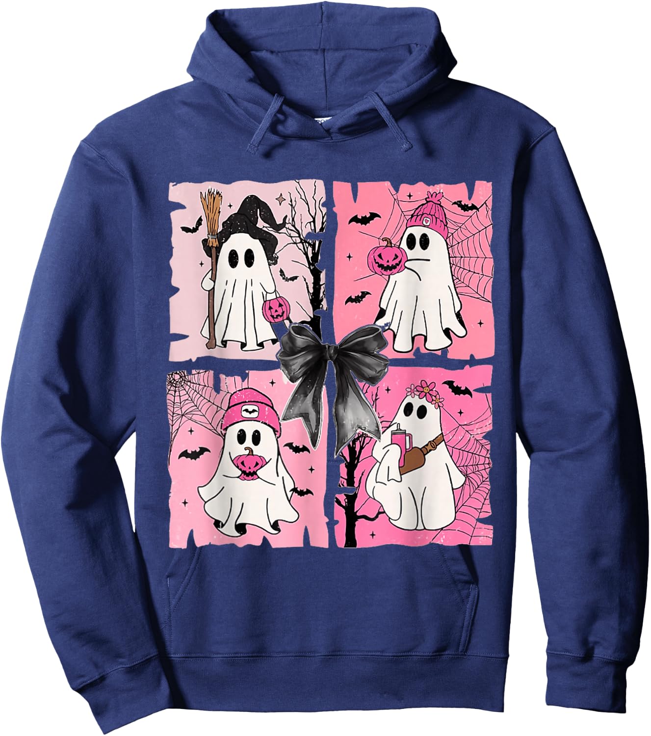 Girly Coquette Bow Ghost Spooky Season Halloween Hoodie - Hoodie | Navy