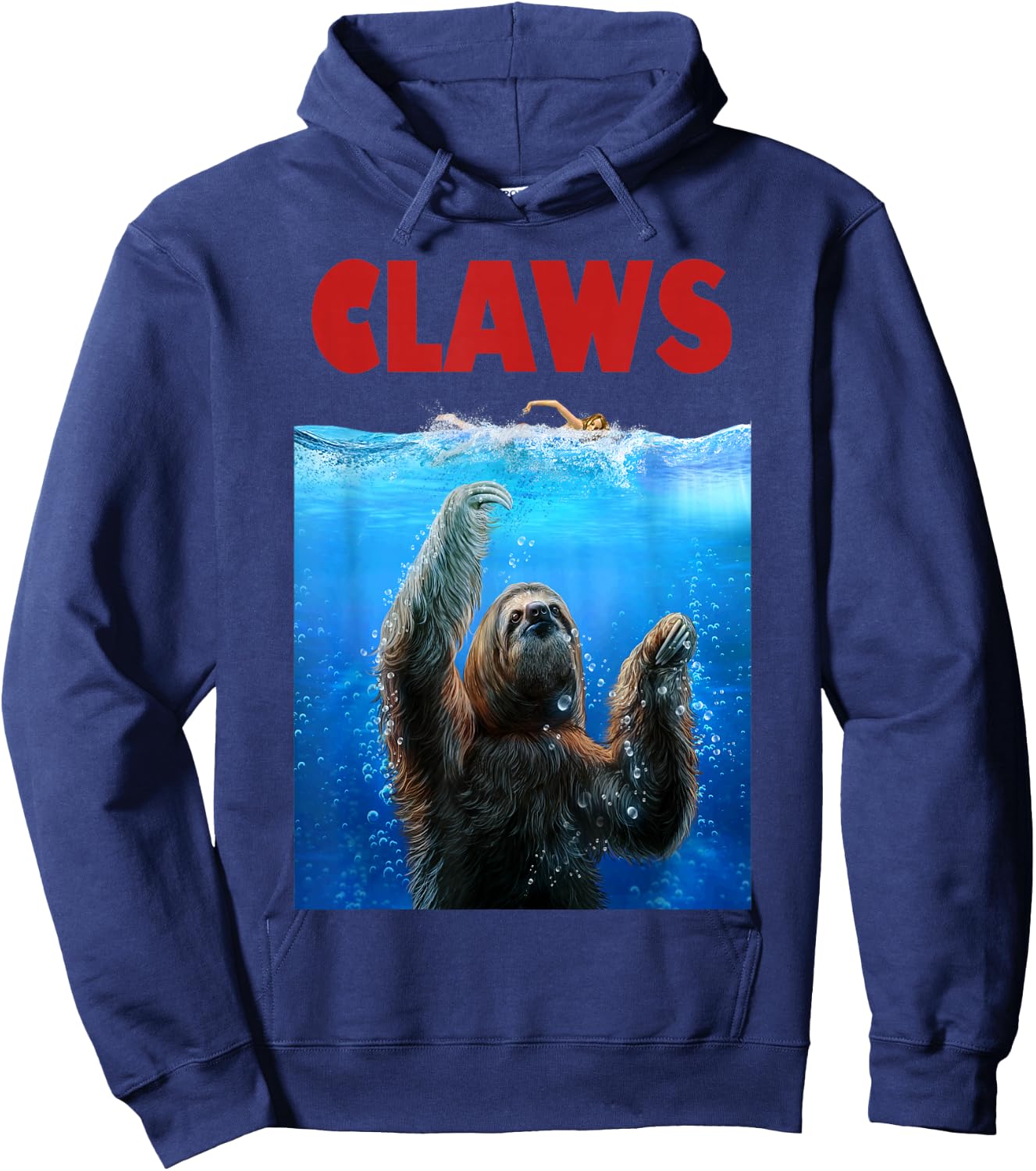 Giant Sloth Terrorizing Swimmer, Beware of Claws Hoodie - Hoodie | Navy