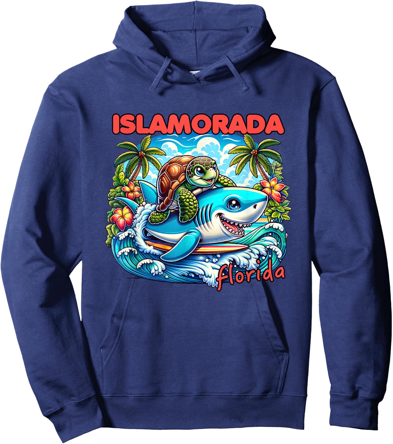 Islamorada Florida Beach Turtle and Shark Hoodie - Hoodie | Navy