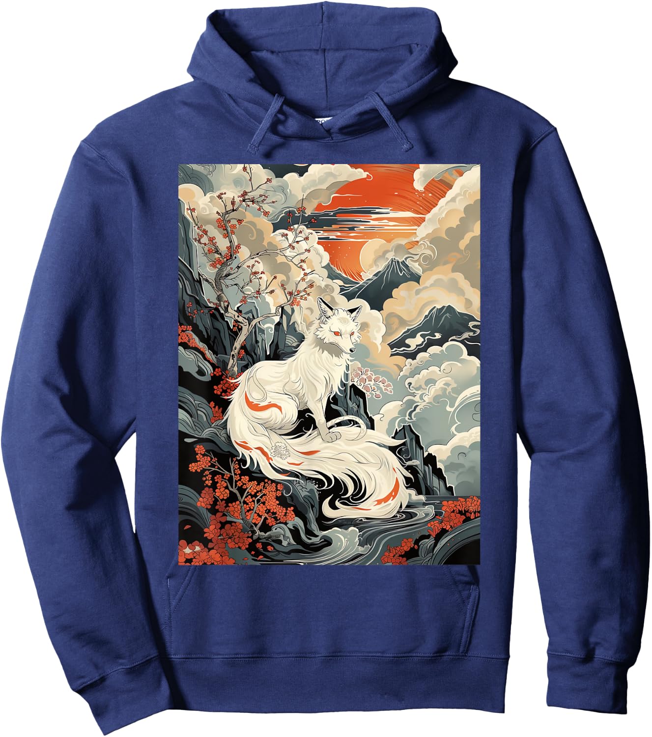 Vintage Japanese Woodblock Art Of Nine Tails Fox Kitsune Art Hoodie - Hoodie | Navy