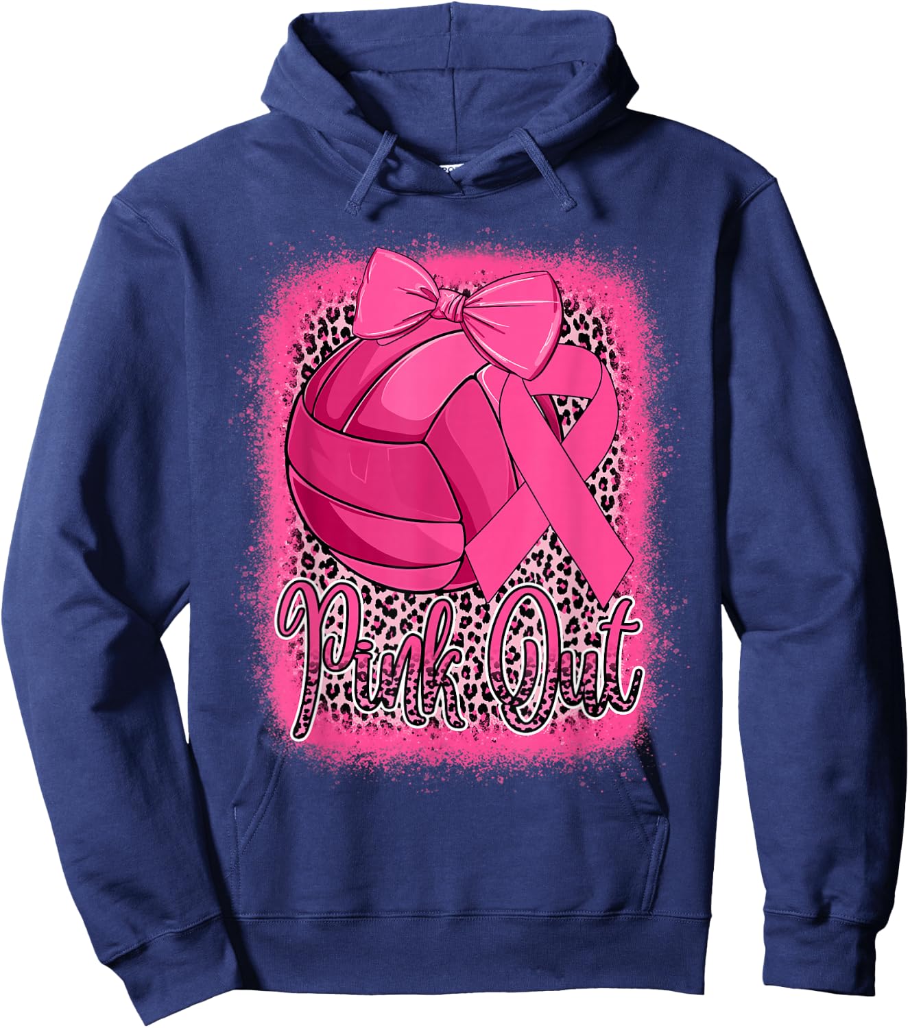 Pink Out Breast Cancer Awareness Volleyball Leopard Bleached Hoodie - Hoodie | Navy