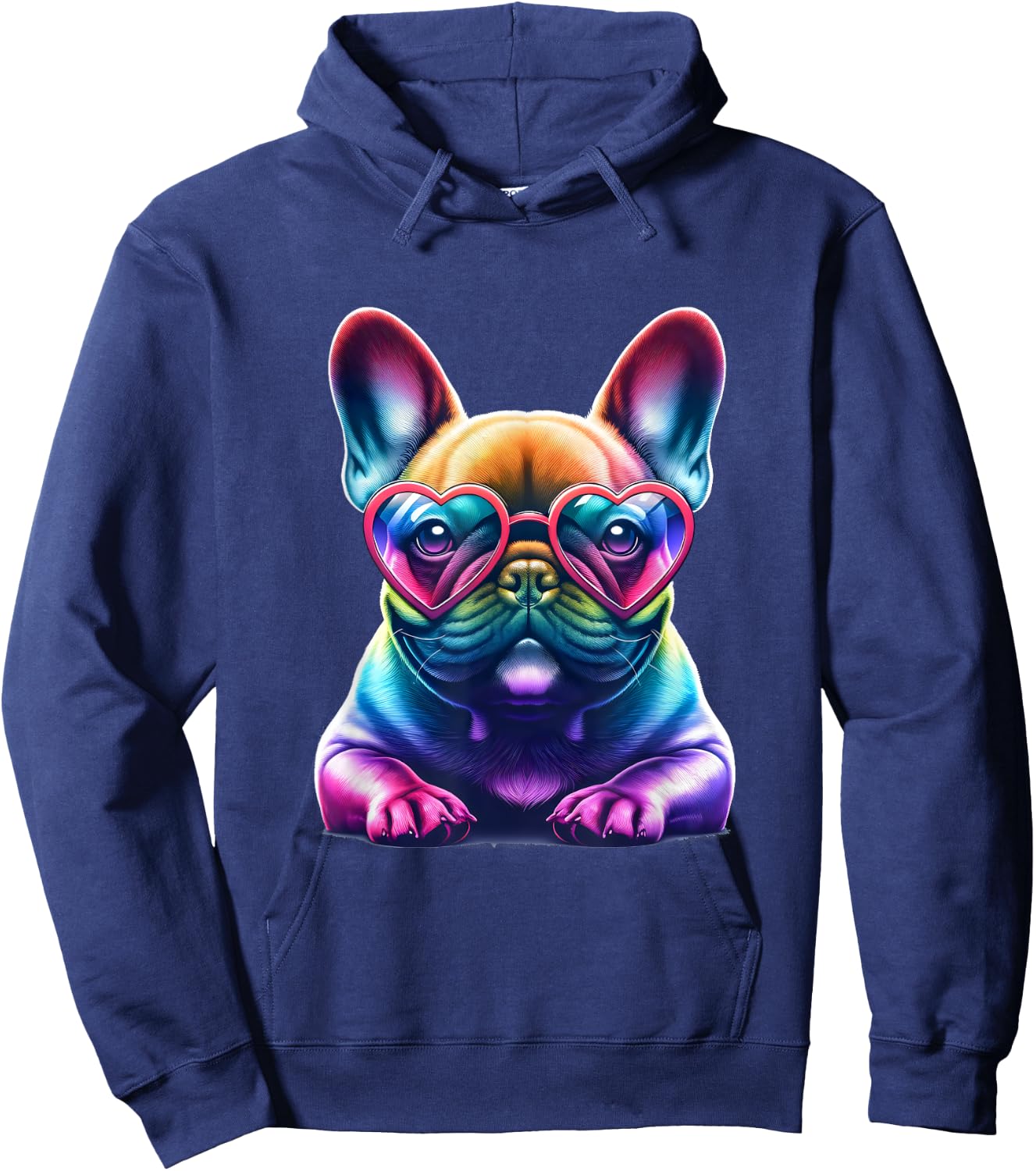 Rainbow Frenchie Wearing Heart Glasses Puppy Love Dog Funny Hoodie - Hoodie | Navy