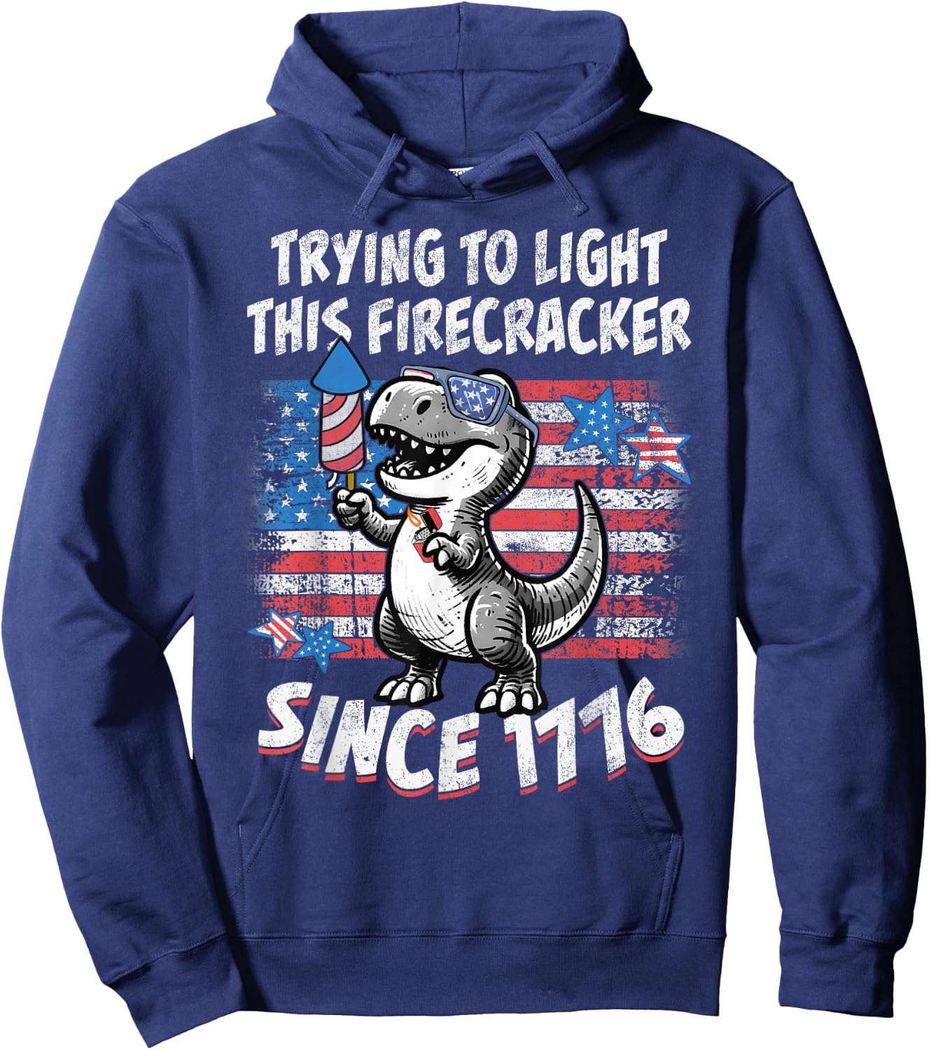 Funny Dino American Flag Firework T Rex Dinosaur 4th of July Hoodie - Hoodie | Navy