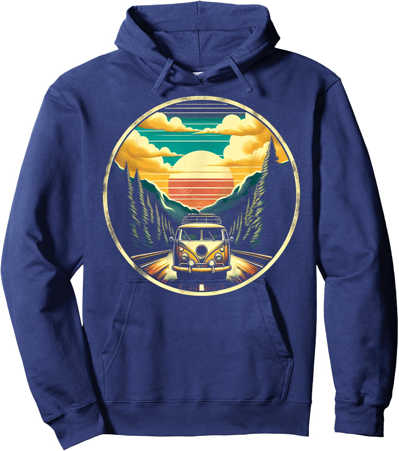 Wanderlust Wonders Retro Van Scenic Adventure , Small, Black Hoodie - Hoodie | Navy