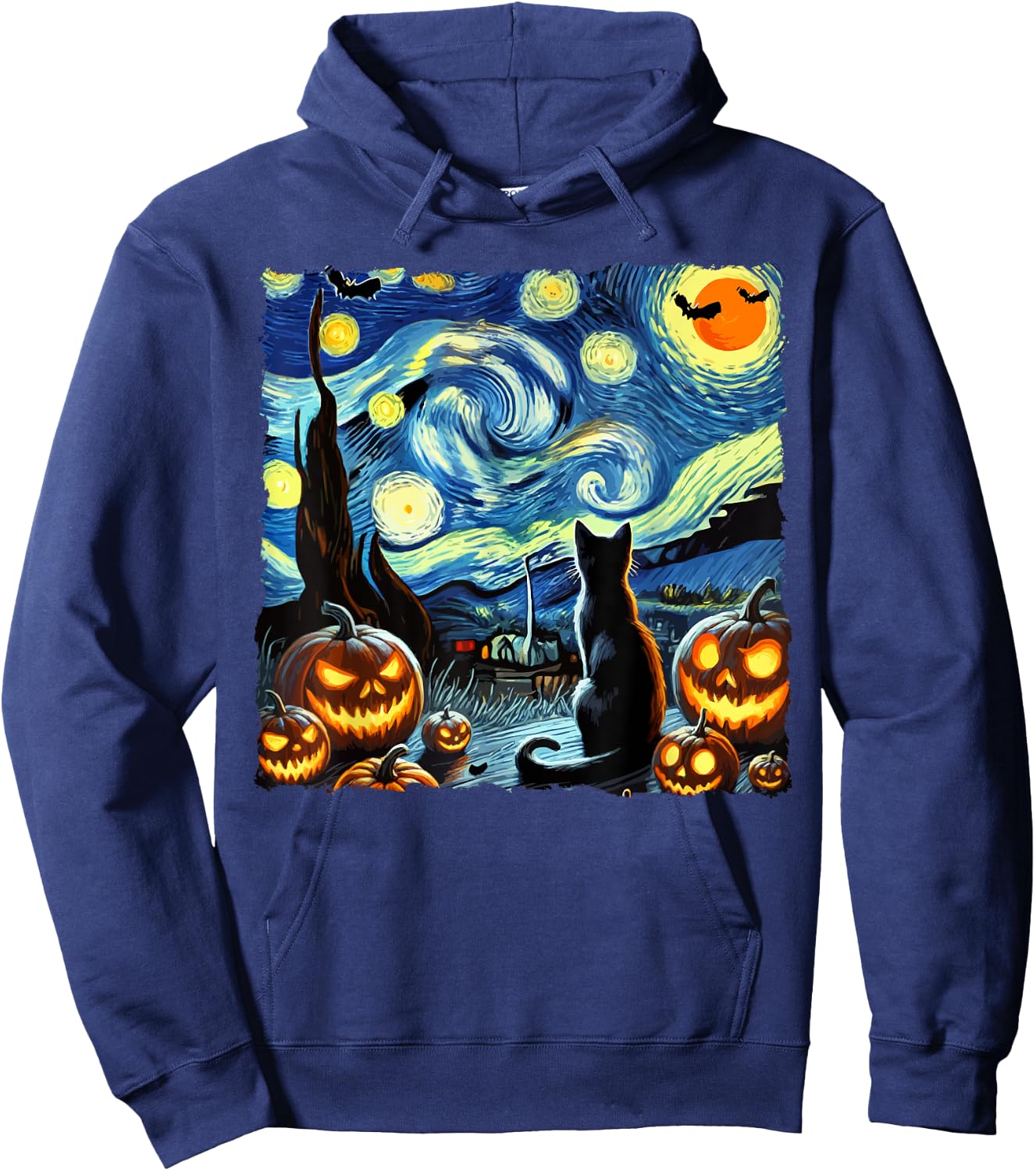 Halloween Van Gogh Starry Night Black Cat Men Women Kids Hoodie - Hoodie | Navy