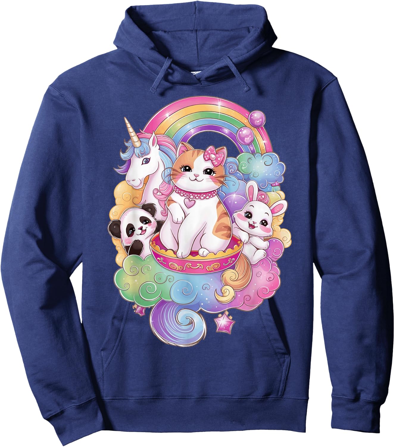 Cute Kawaii Cat Unicorn Panda Bunny Rainbow Anime Teen Kids Hoodie - Hoodie | Navy