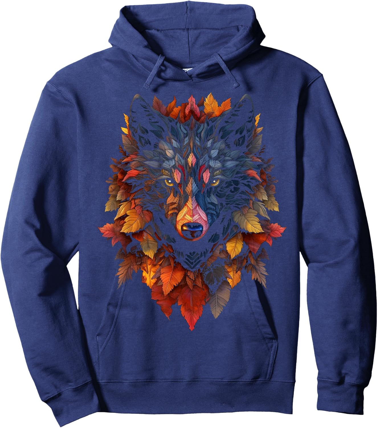 Wolf Autumn Leaves | Art Animal Motif Wolf Hoodie - Hoodie | Navy
