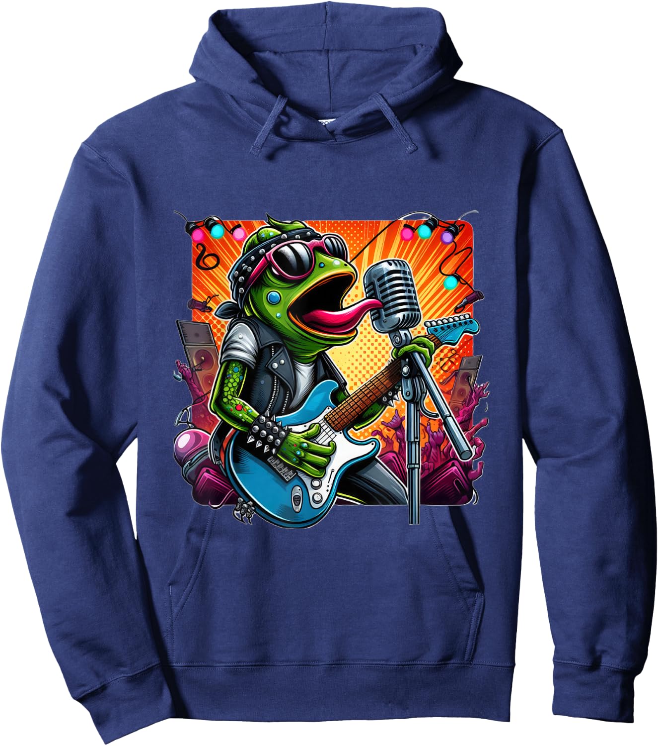 Punk Rock Star Frog Shredding Electric Guitar Vibrant Lights Hoodie - Hoodie | Navy